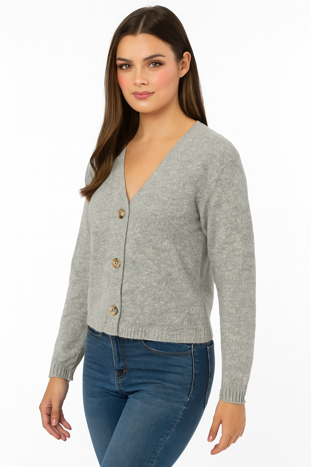 Women Grey Acrylic V-Neck Knitted Cardigan