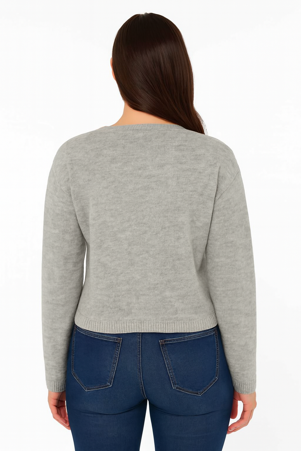 Women Grey Acrylic V-Neck Knitted Cardigan