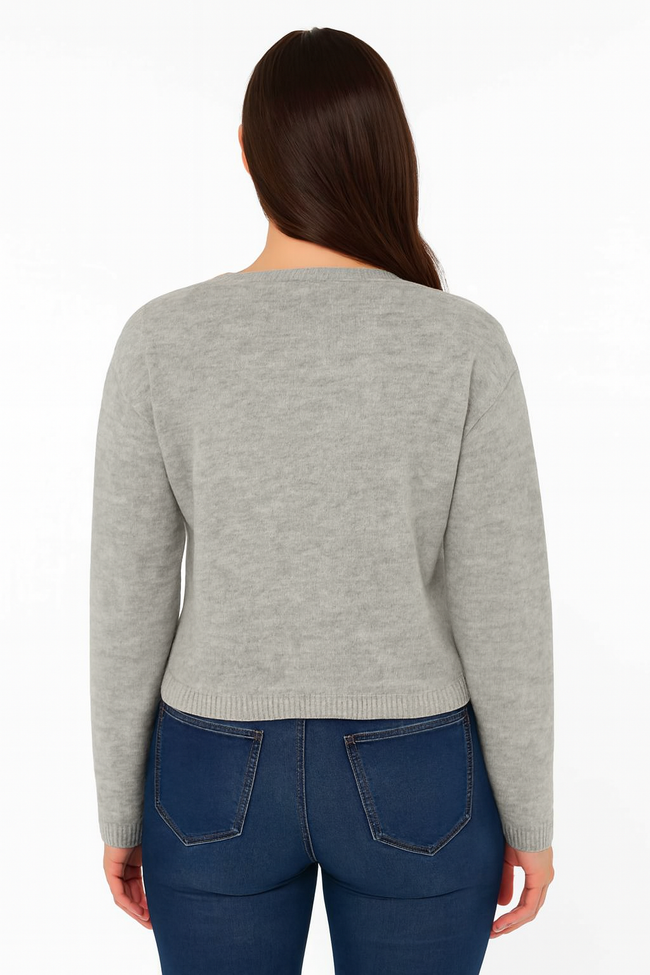 Women Grey Acrylic V-Neck Knitted Cardigan