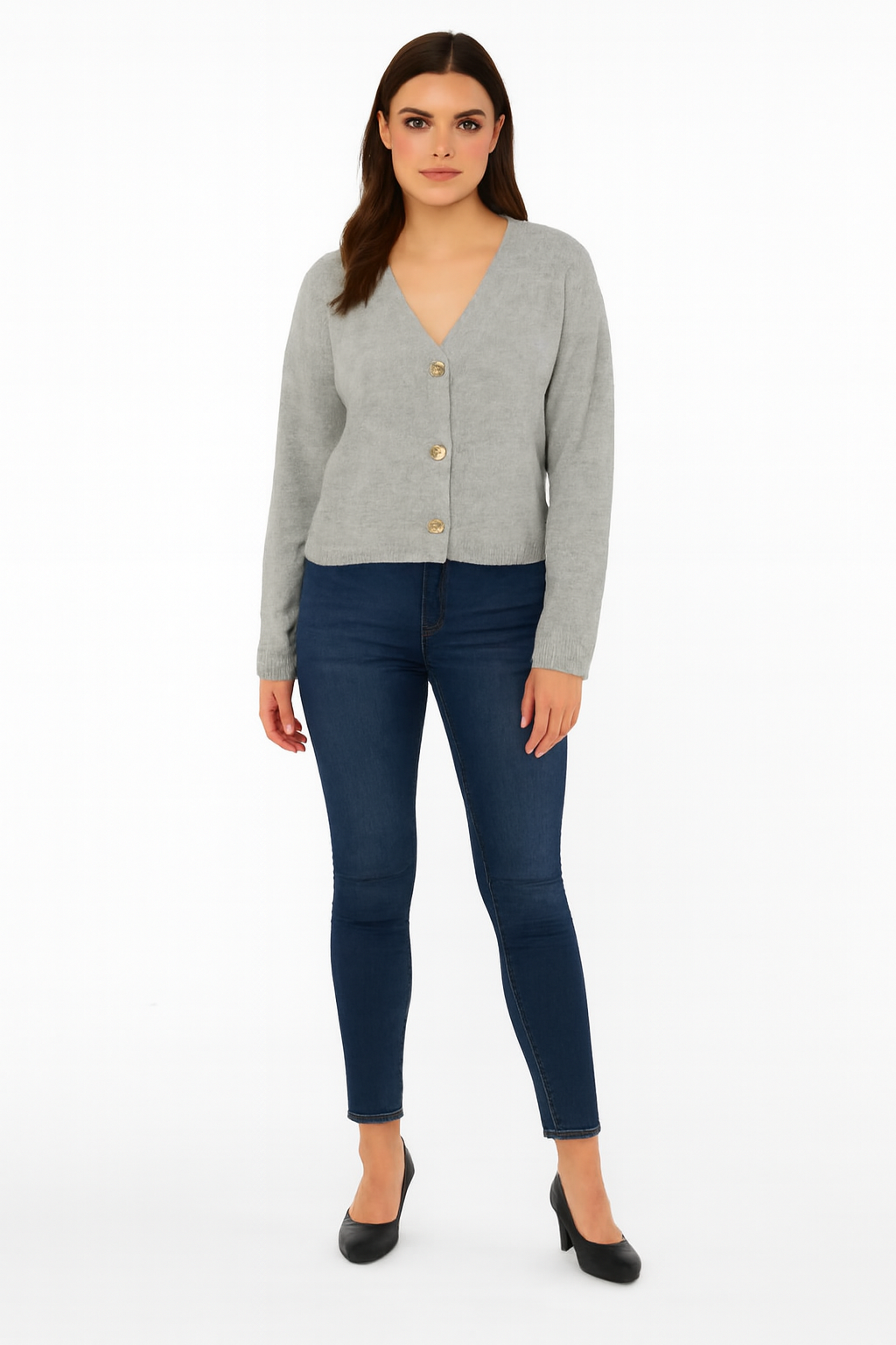 Women Grey Acrylic V-Neck Knitted Cardigan