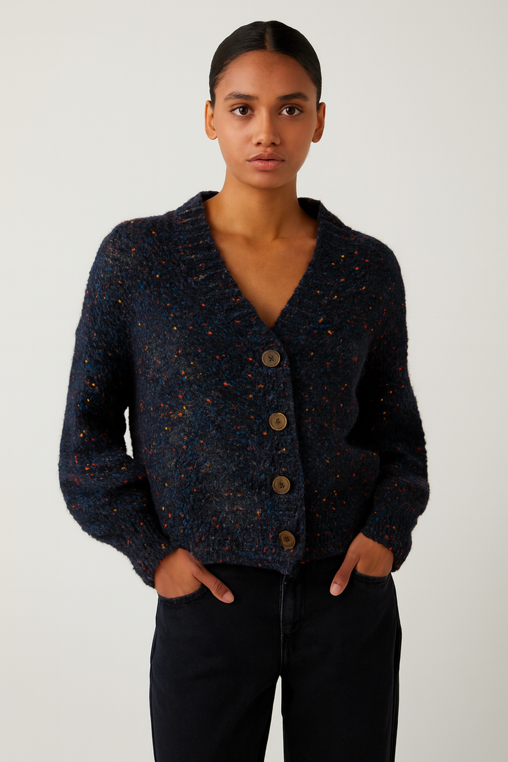 Women Blue Acrylic V-Neck Knitted Cardigan