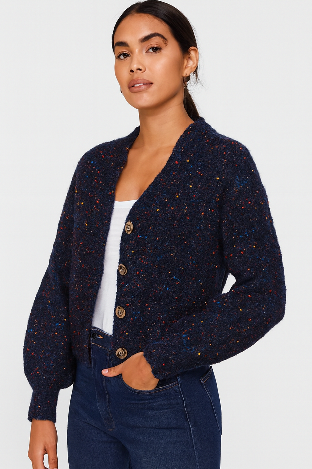 Women Blue Acrylic V-Neck Knitted Cardigan