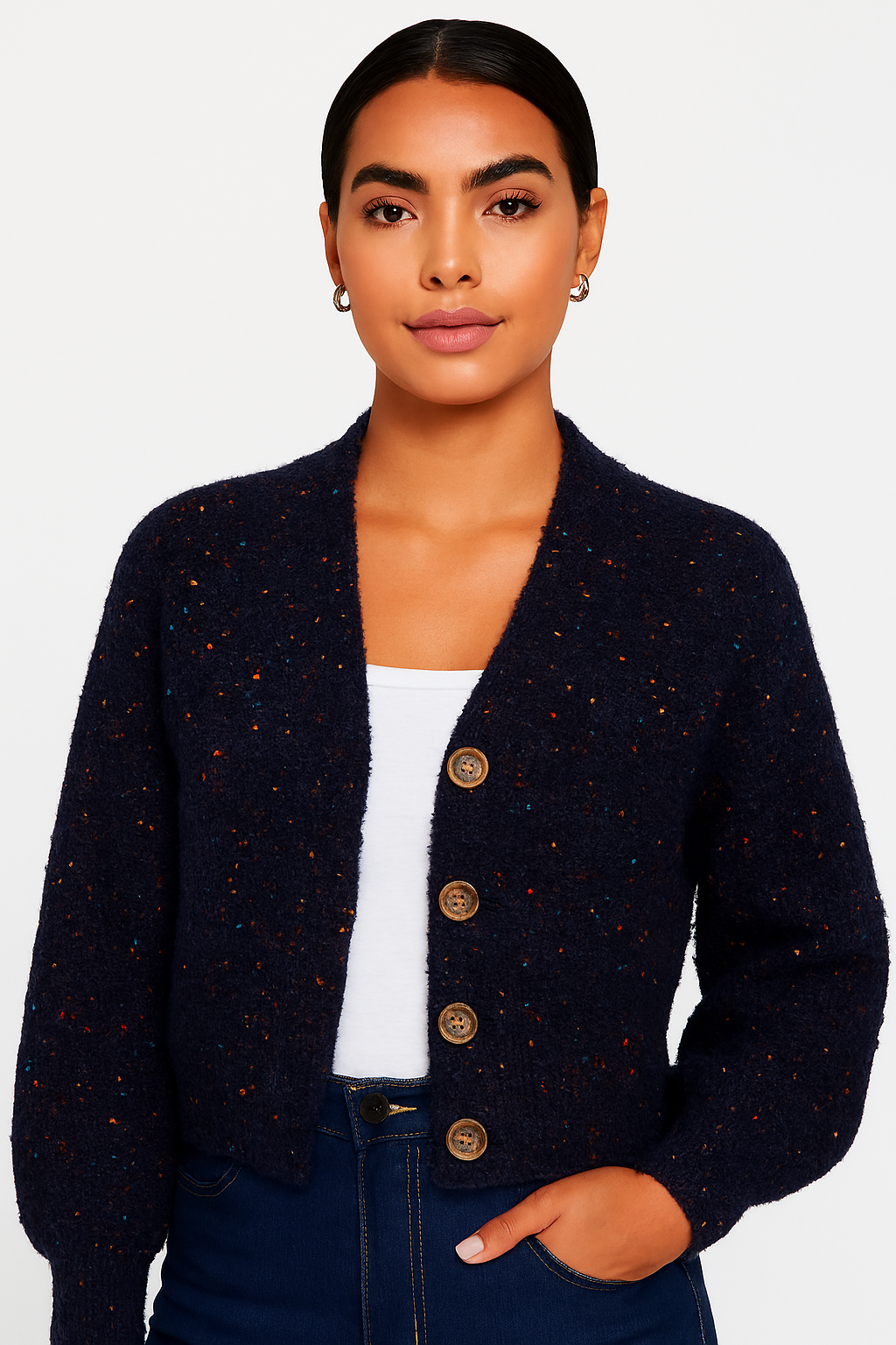 Women Blue Acrylic V-Neck Knitted Cardigan
