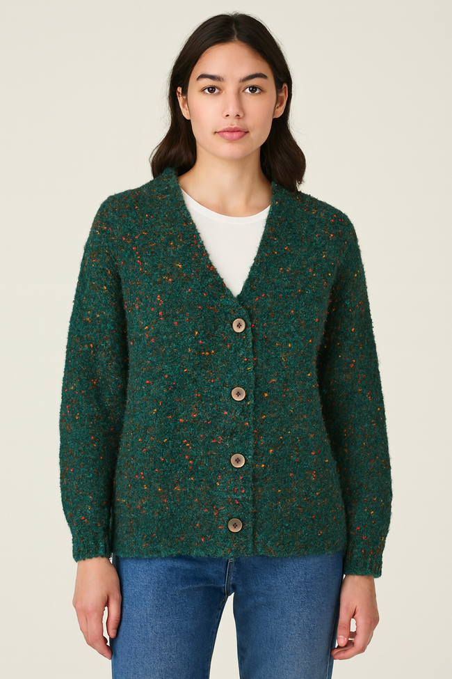 Women Green Acrylic V-Neck Knitted Cardigan