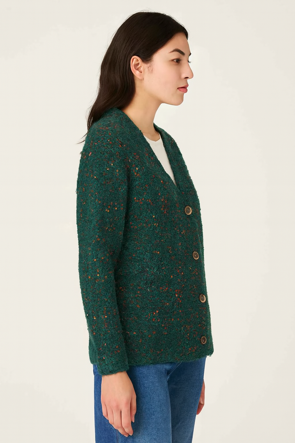 Women Green Acrylic V-Neck Knitted Cardigan
