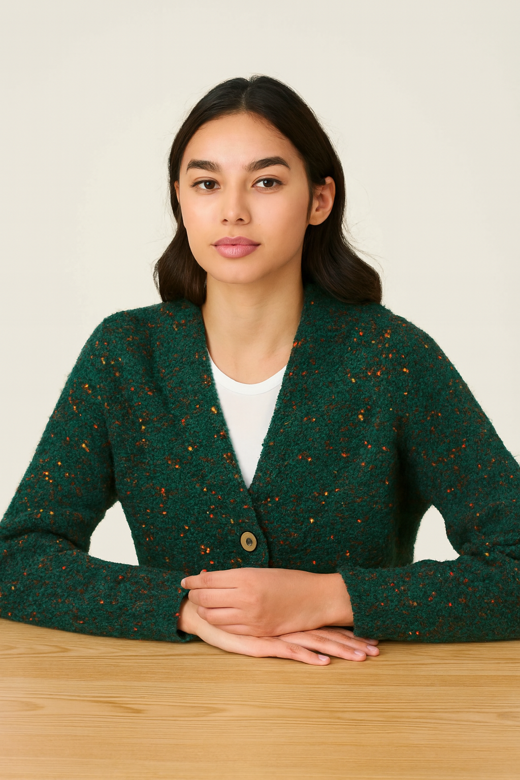 Women Green Acrylic V-Neck Knitted Cardigan