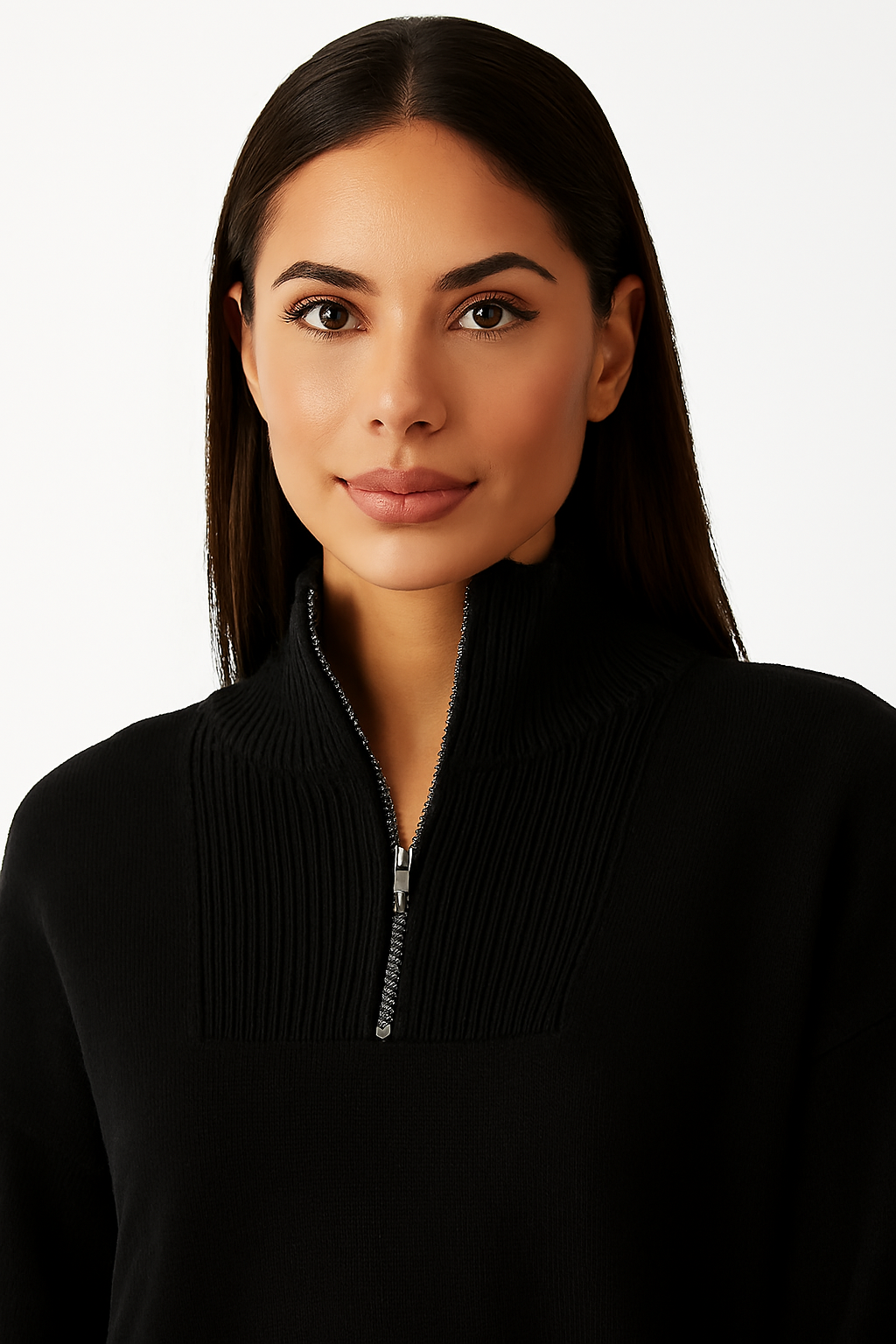 Women Black Acrylic Solid Zip-Front Sweater