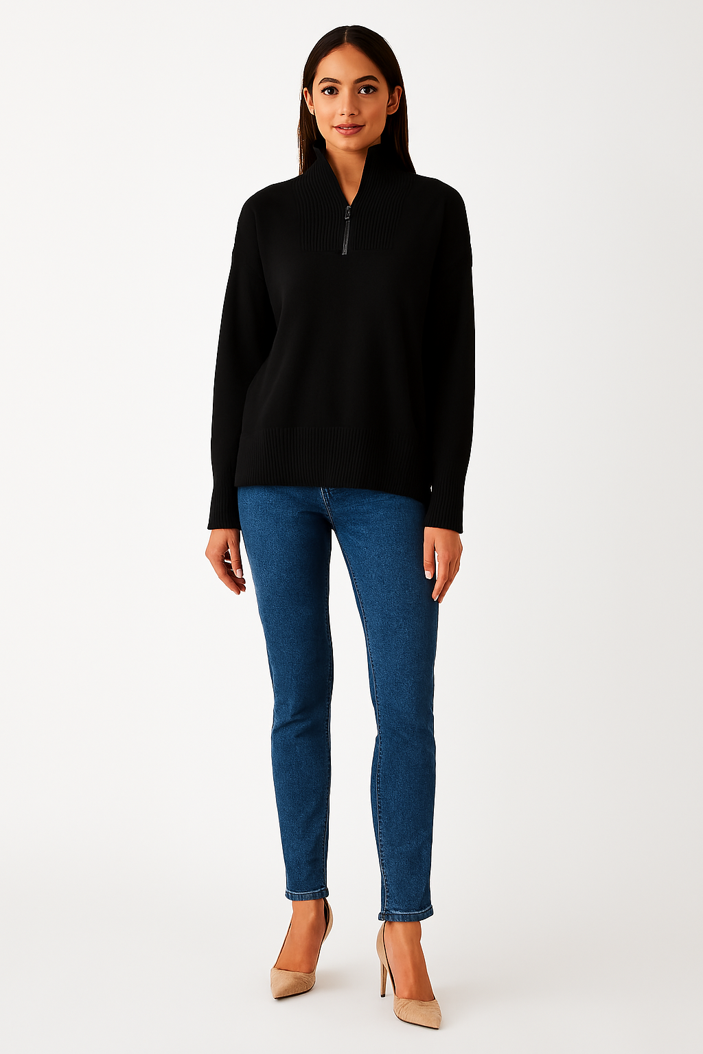 Women Black Acrylic Solid Zip-Front Sweater