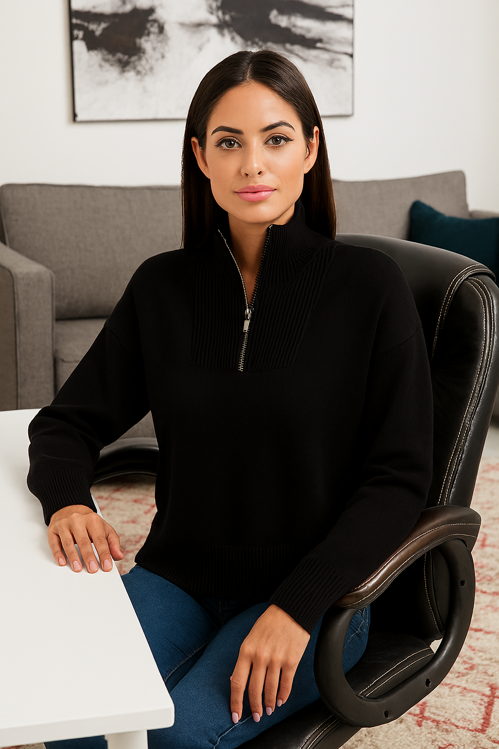 Women Black Acrylic Solid Zip-Front Sweater