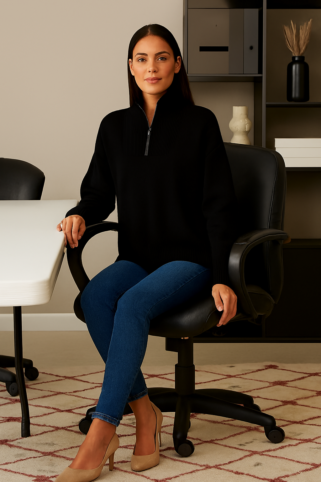 Women Black Acrylic Solid Zip-Front Sweater