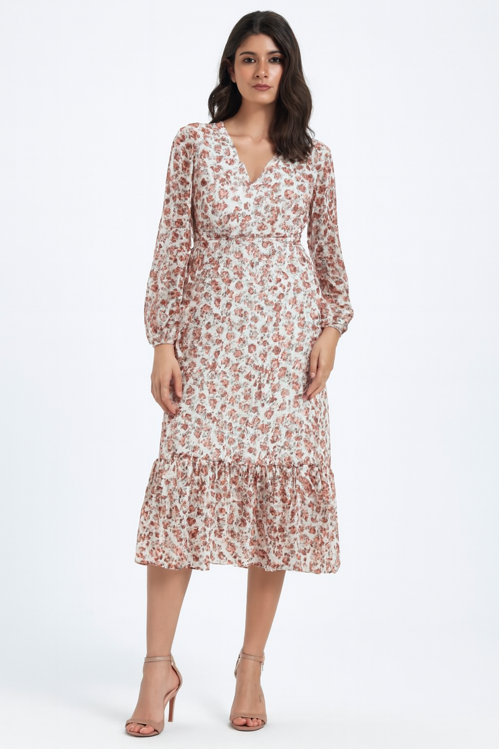 Women Cream Printed V-Neck Midi Dress