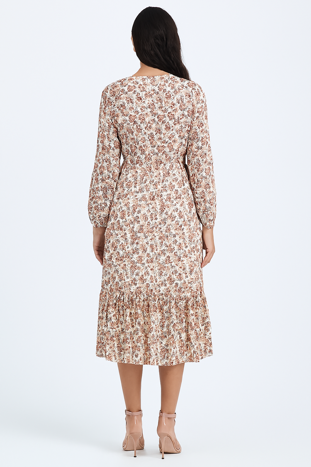 Women Cream Printed V-Neck Midi Dress