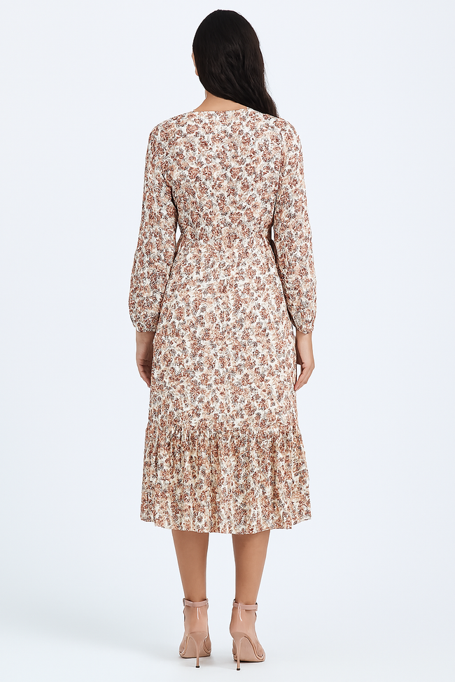 Women Cream Printed V-Neck Midi Dress