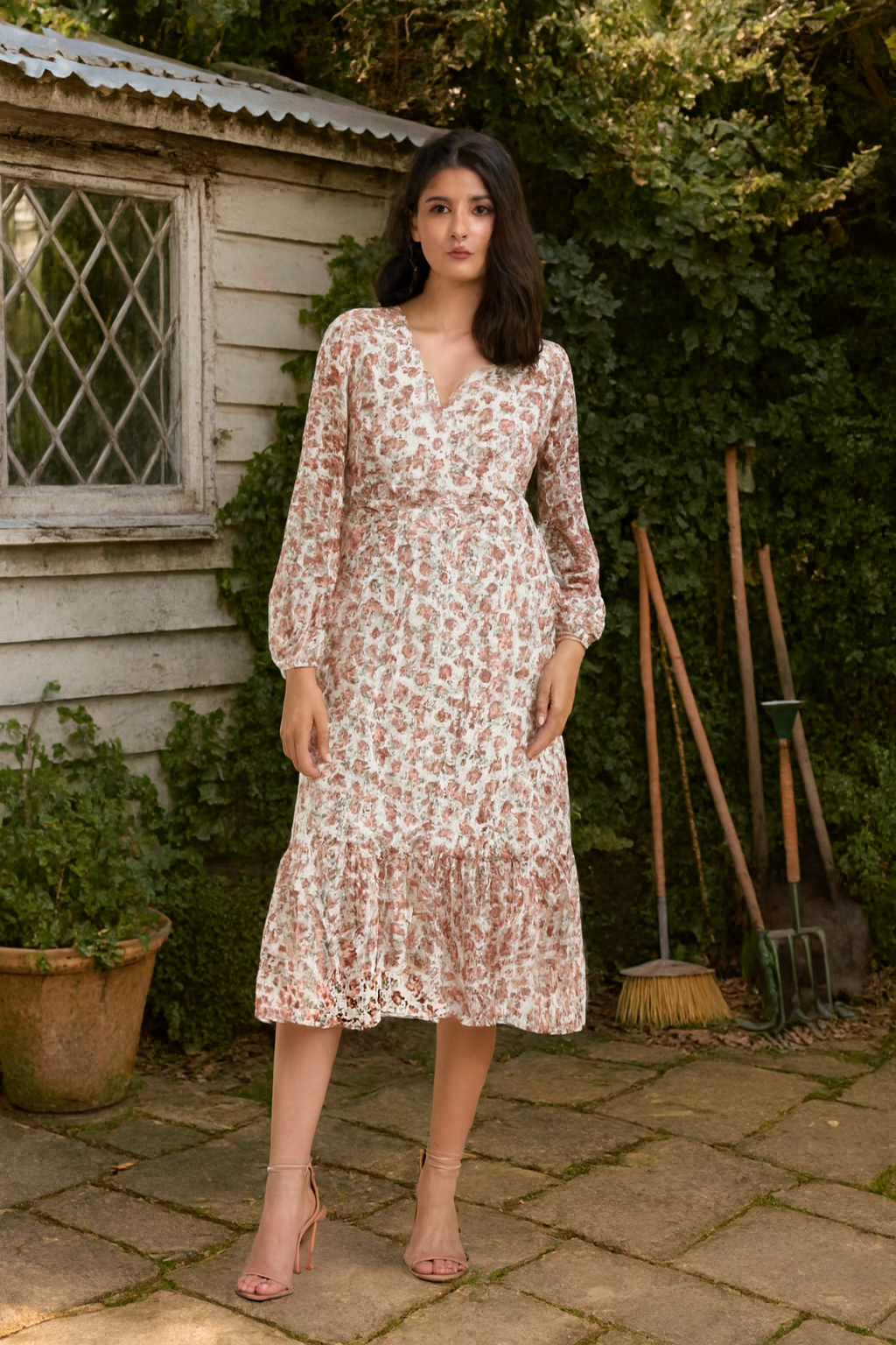 Women Cream Printed V-Neck Midi Dress