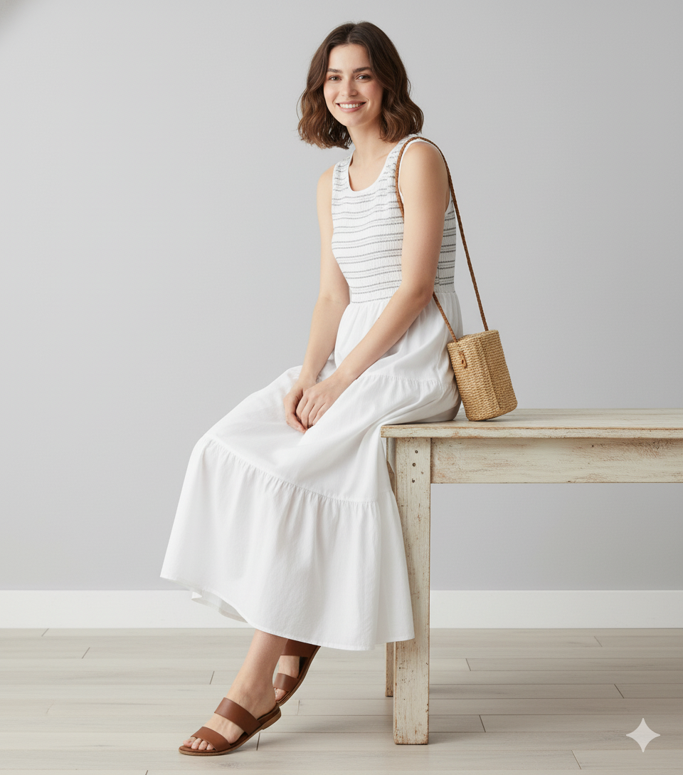 Women White Cotton Tiered Maxi Dress