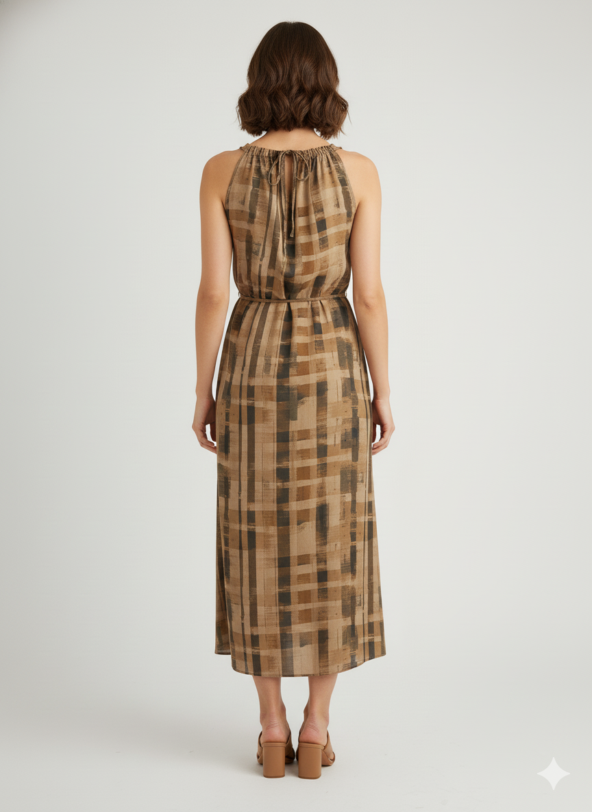 Women Brown Check Shoulder-Less Viscose Dress