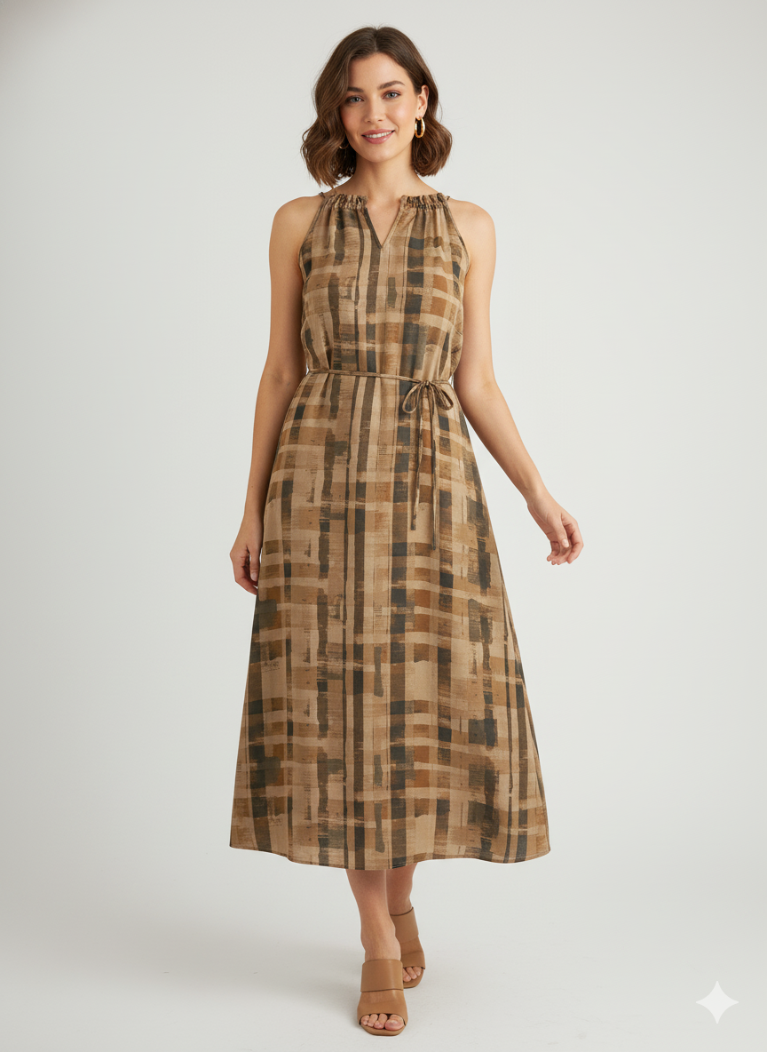 Women Brown Check Shoulder-Less Viscose Dress