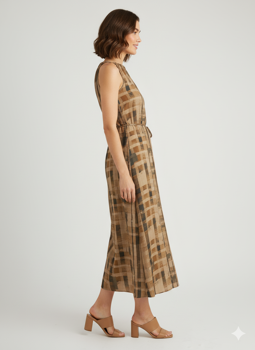 Women Brown Check Shoulder-Less Viscose Dress