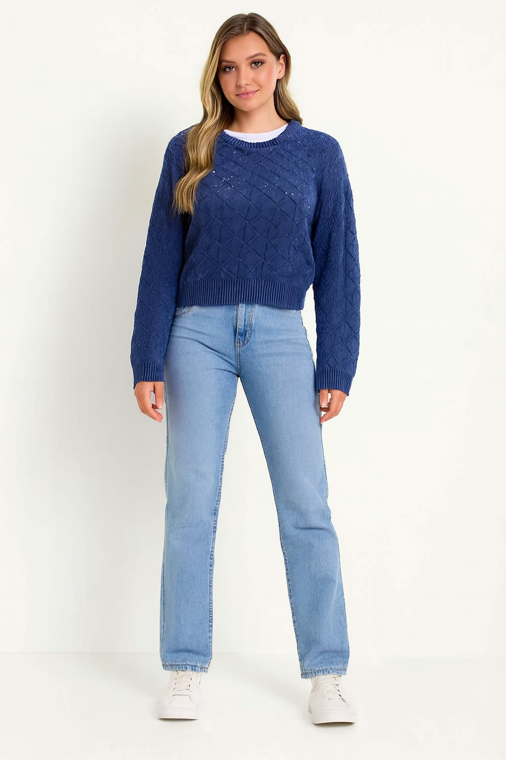 Women Blue Cotton Drop Shoulder Sweater