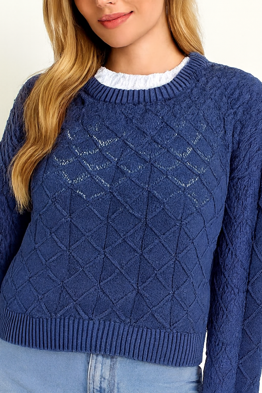 Women Blue Cotton Drop Shoulder Sweater
