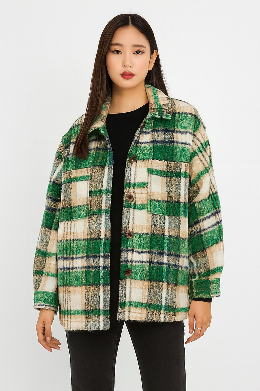 Women Green Checked Winter Jacket