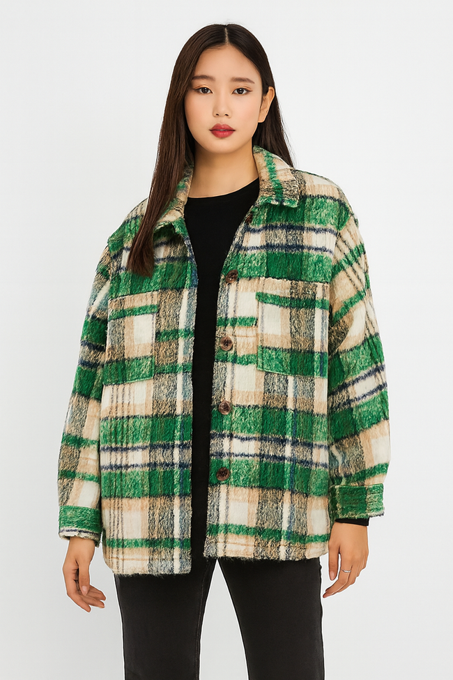 Women Green Checked Winter Jacket