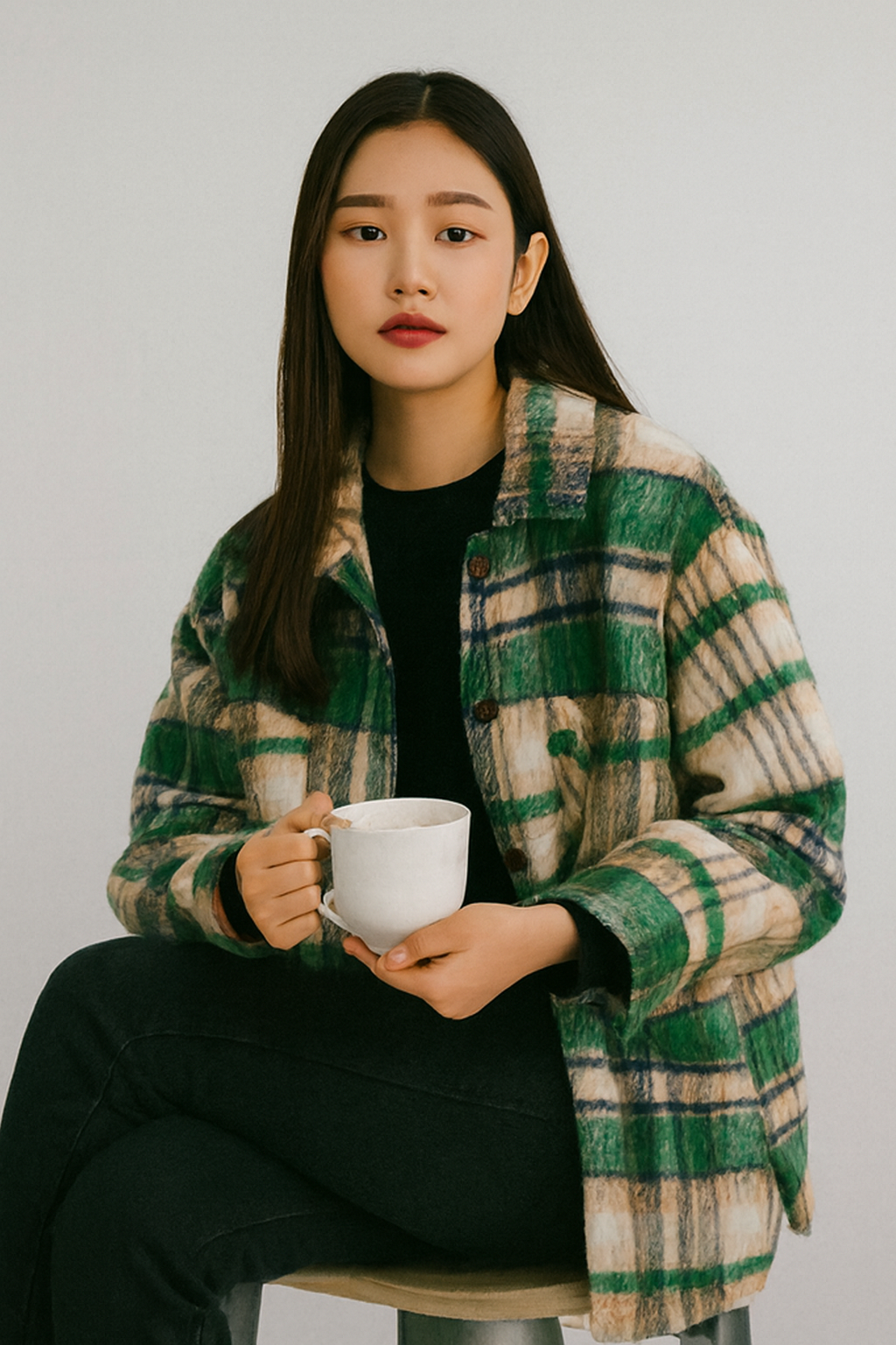 Women Green Checked Winter Jacket