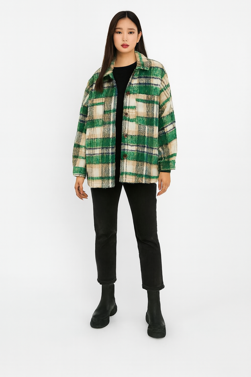 Women Green Checked Winter Jacket