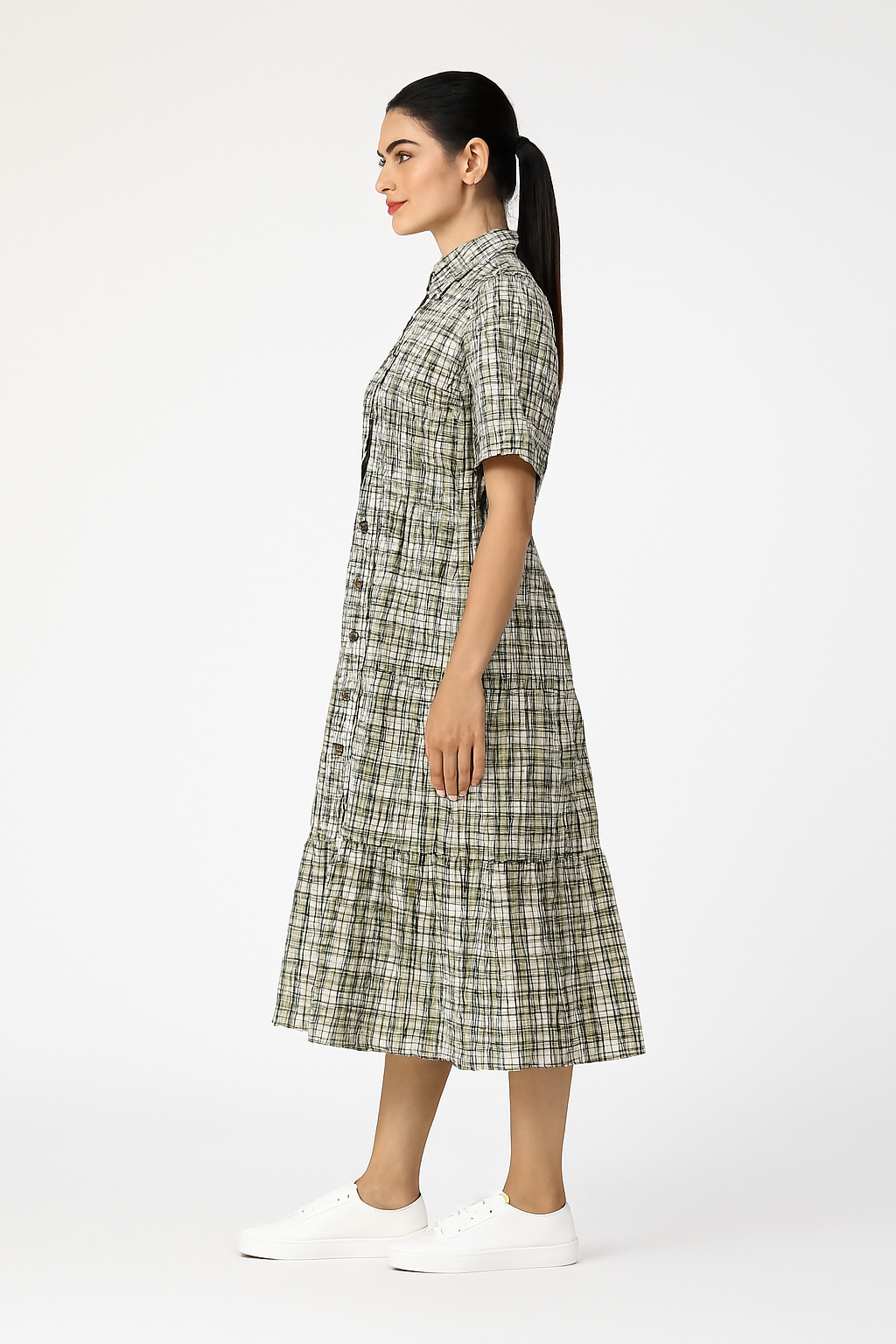Women Green Checked Midi Dress