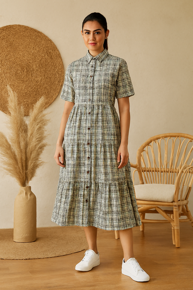 Women Green Checked Midi Dress