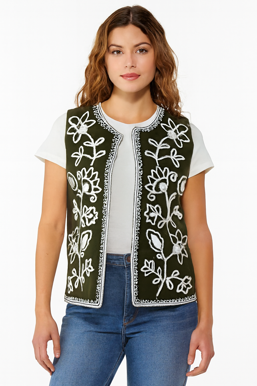 Women Green Embroidered Sleeveless Jacket