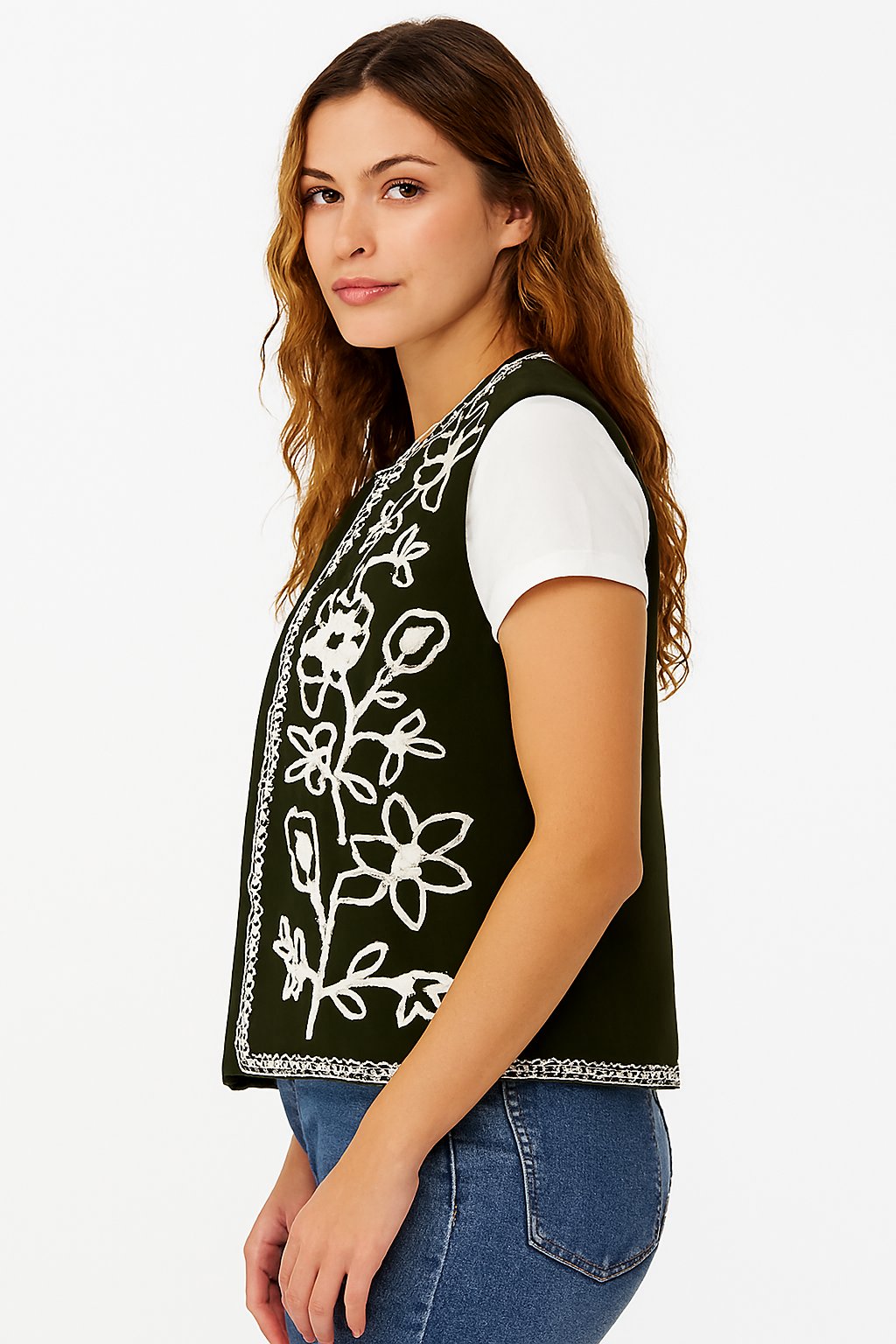 Women Green Embroidered Sleeveless Jacket