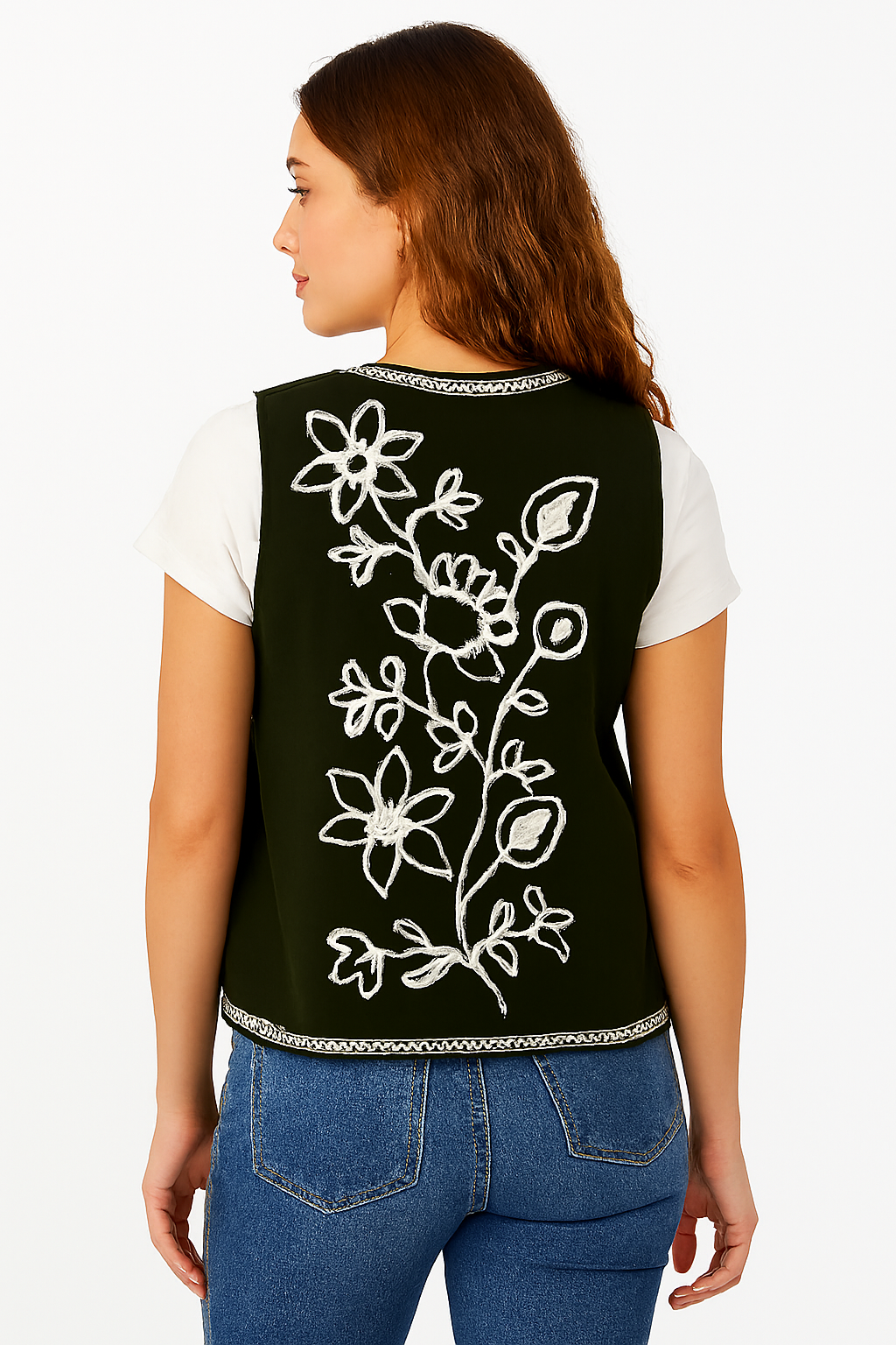 Women Green Embroidered Sleeveless Jacket