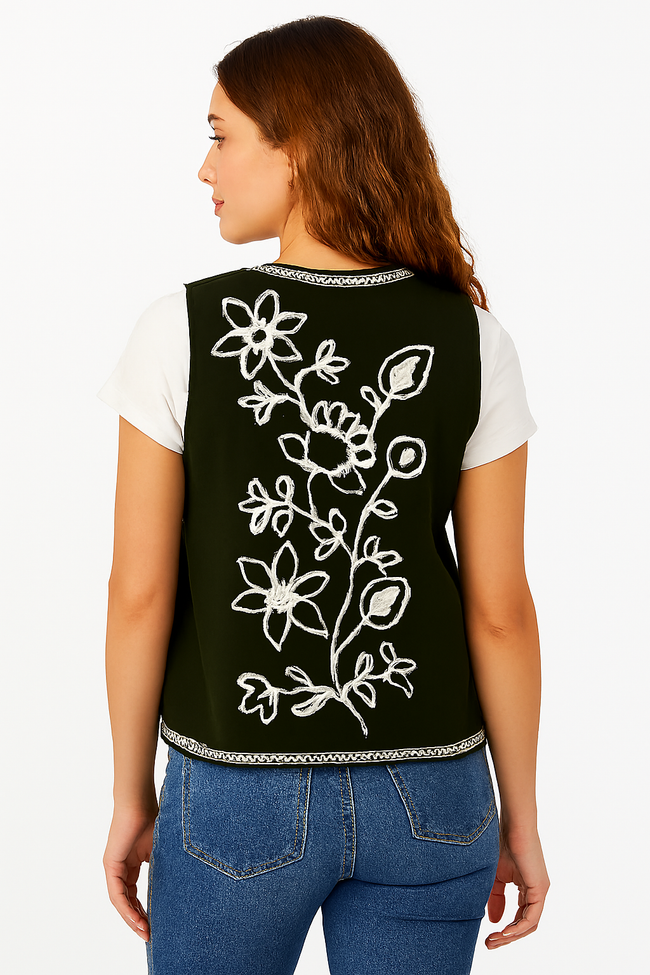 Women Green Embroidered Sleeveless Jacket