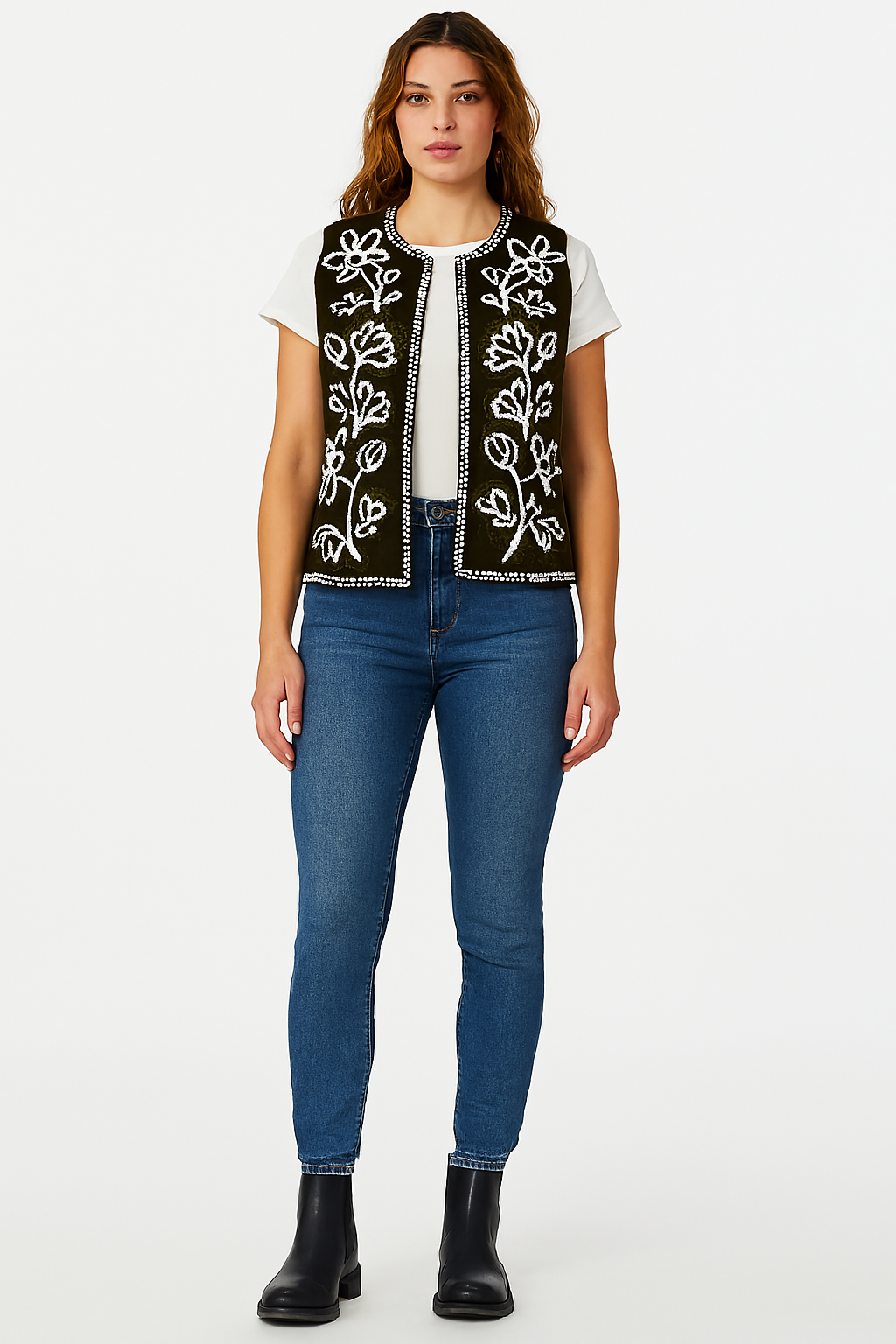Women Green Embroidered Sleeveless Jacket