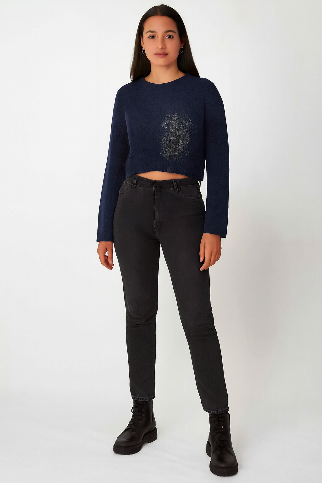 Women Blue Cotton Cropped Sweater