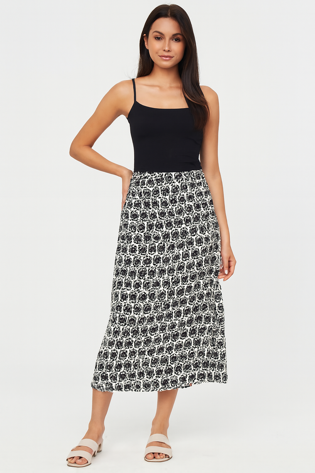 Women Black Printed Midi Skirt With Side Slit
