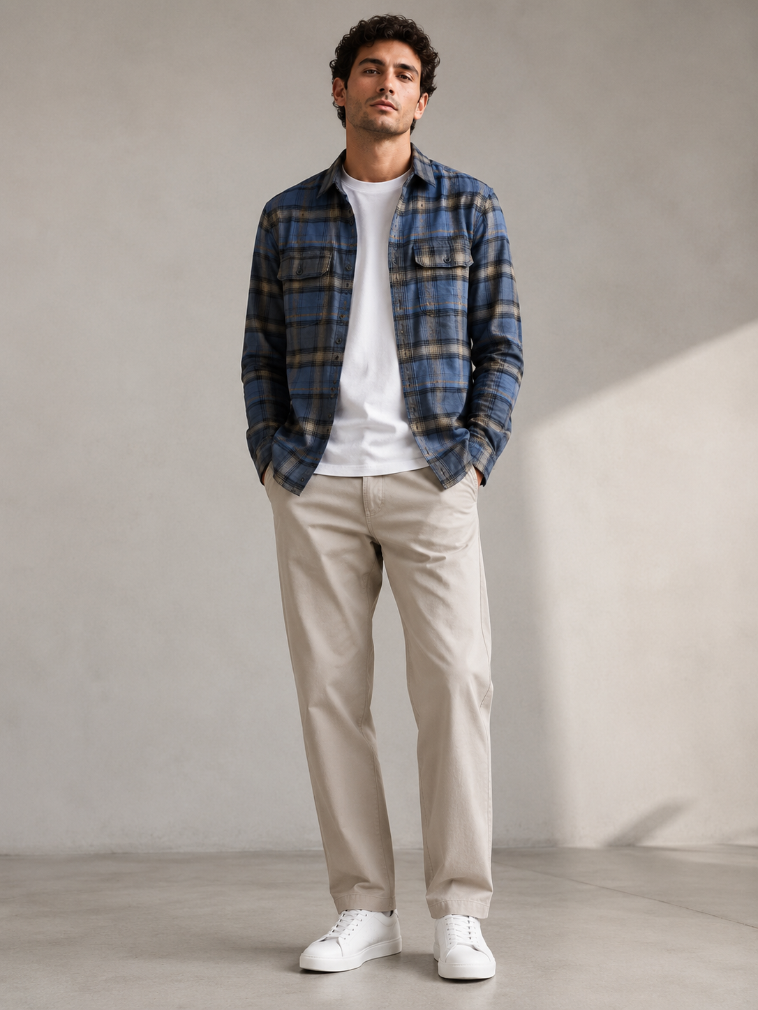 Men Blue Vintage Plaid Shirt