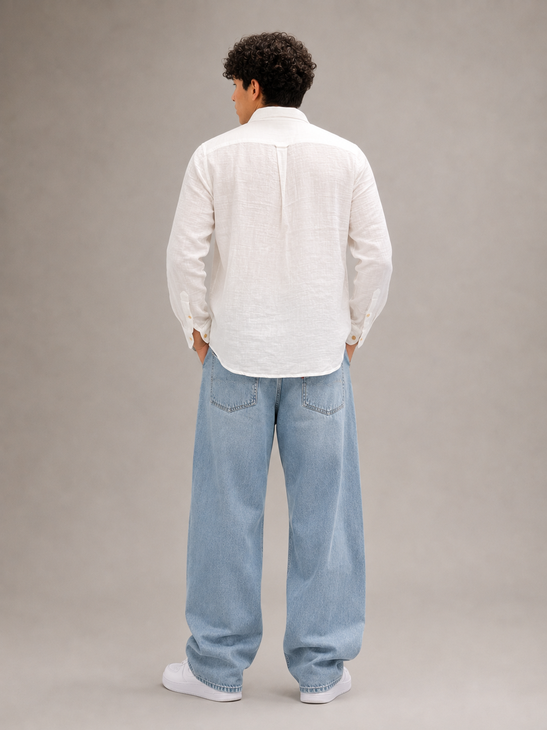 Men White Double Cloth Long Sleeve Shirt