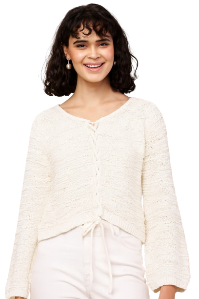 Women White V-Neck Knitted Sweater