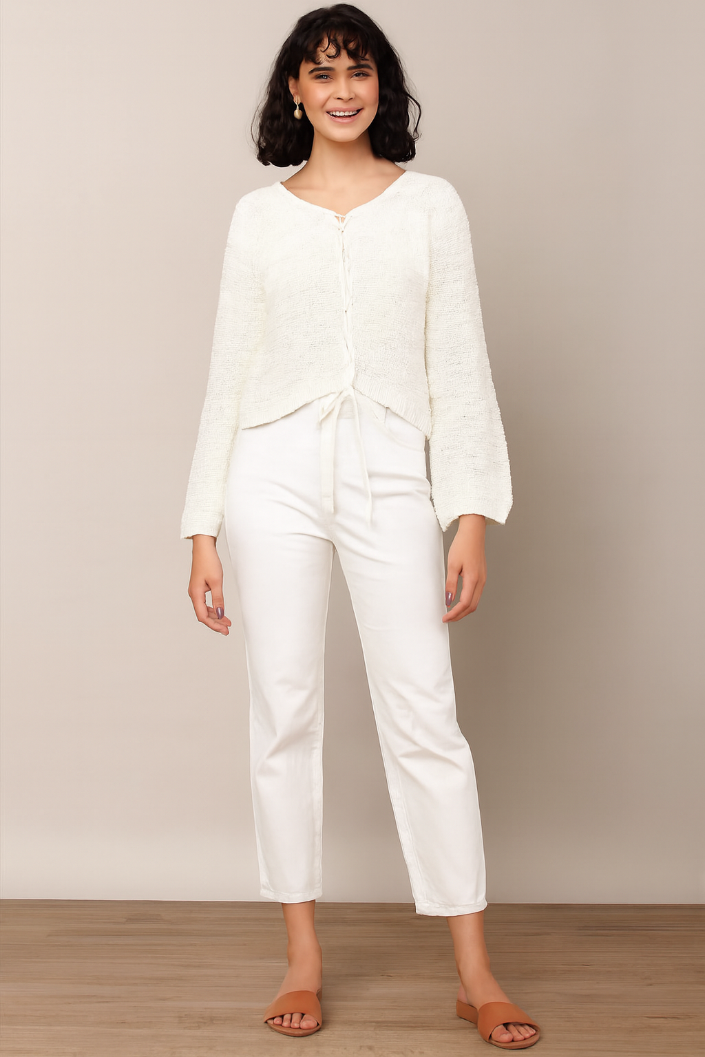 Women White V-Neck Knitted Sweater