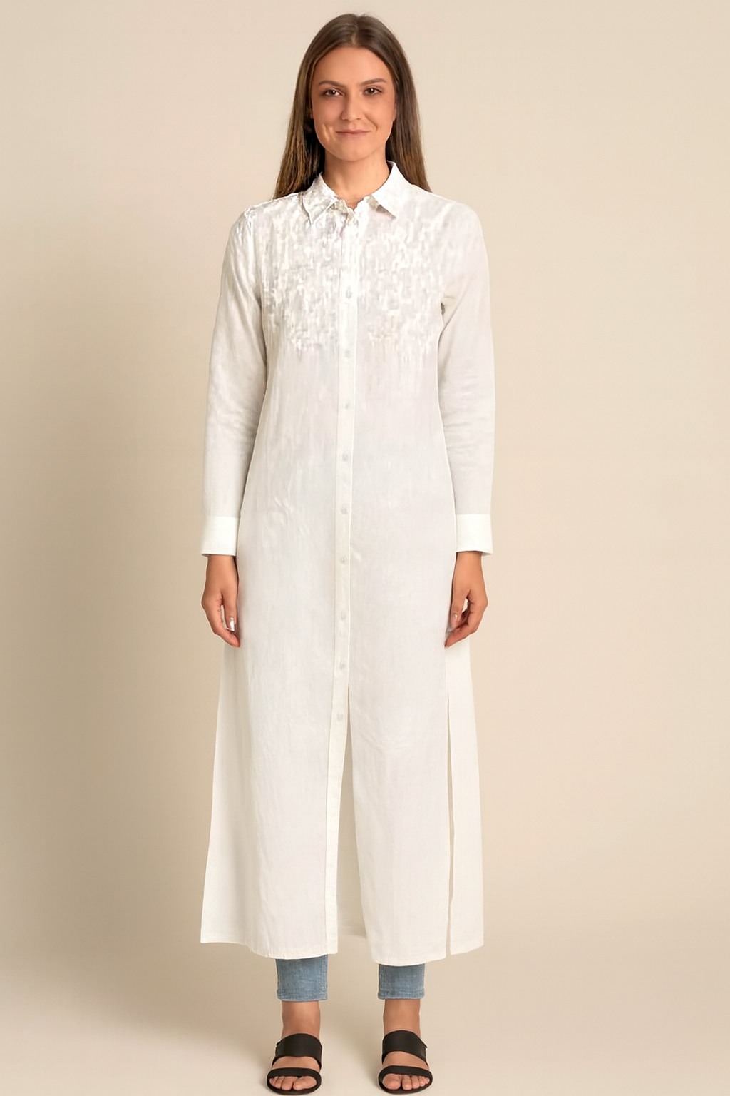 Women White Cotton Long Shirt Dress