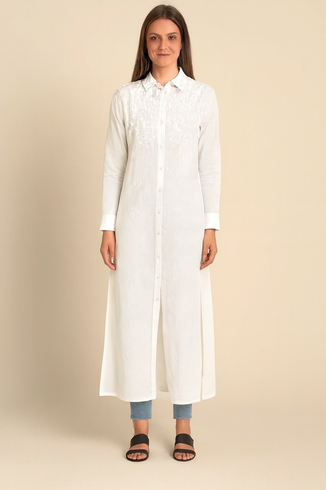 Women White Cotton Long Shirt Dress