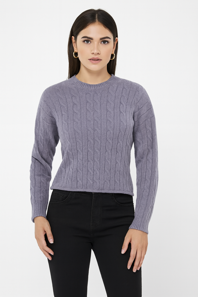 Women Grey Cable Knit Sweater
