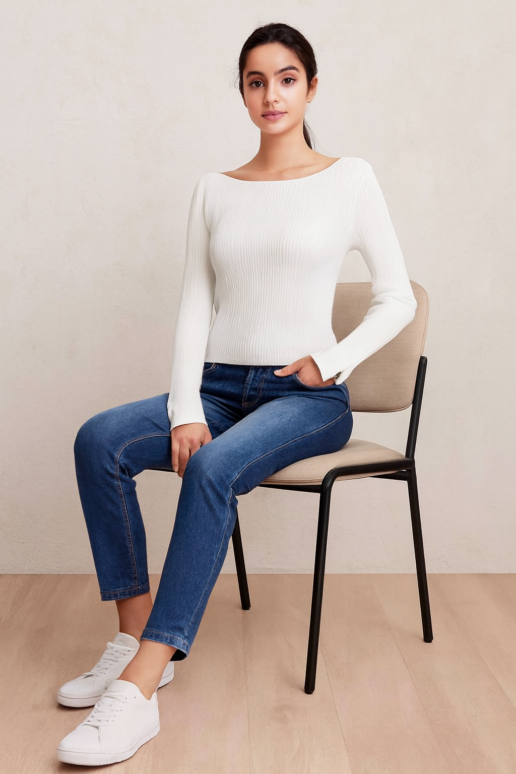 Women Off White Ribbed Sweater