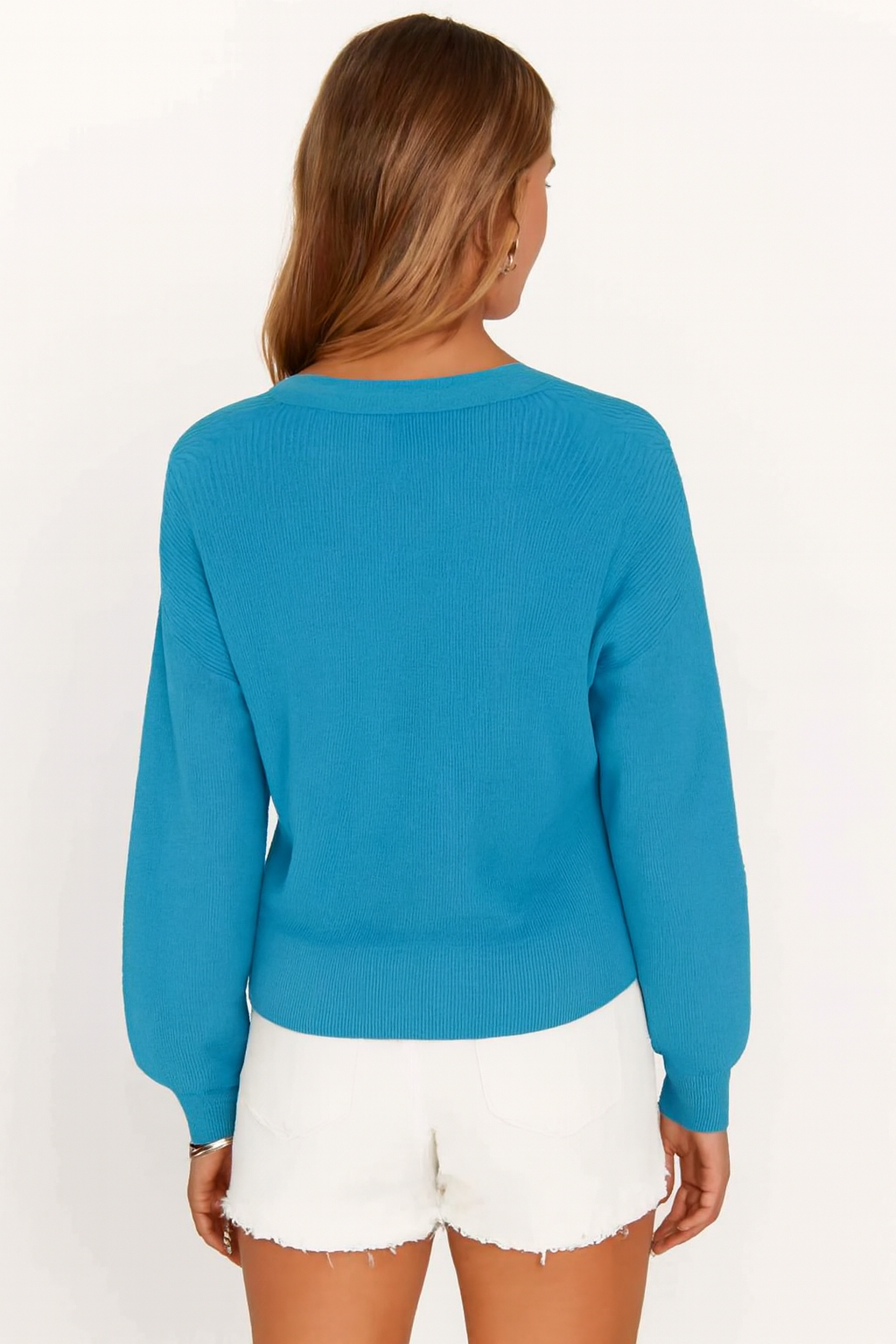 Women Blue V-Neck Button Down Sweater