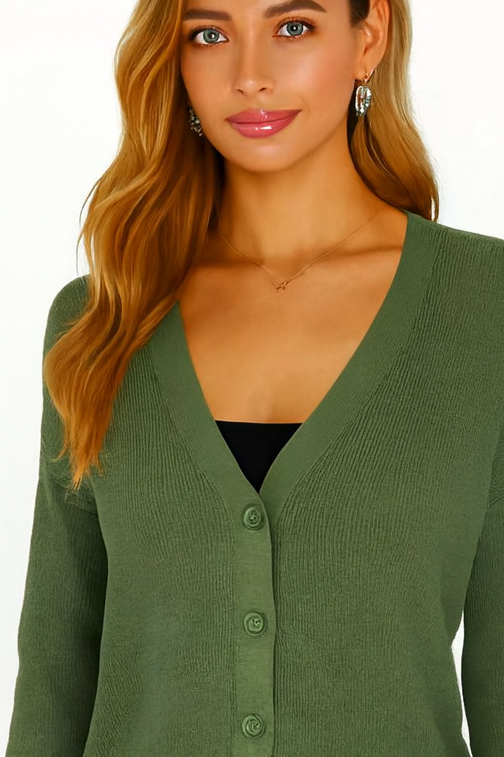 Women Green V-Neck Button Down Sweater