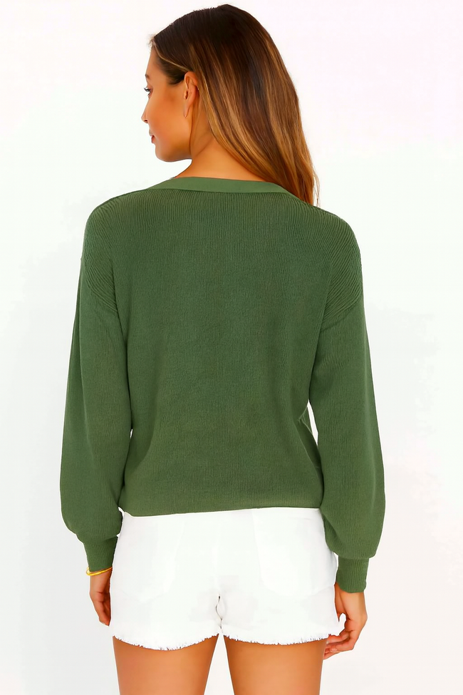 Women Green V-Neck Button Down Sweater