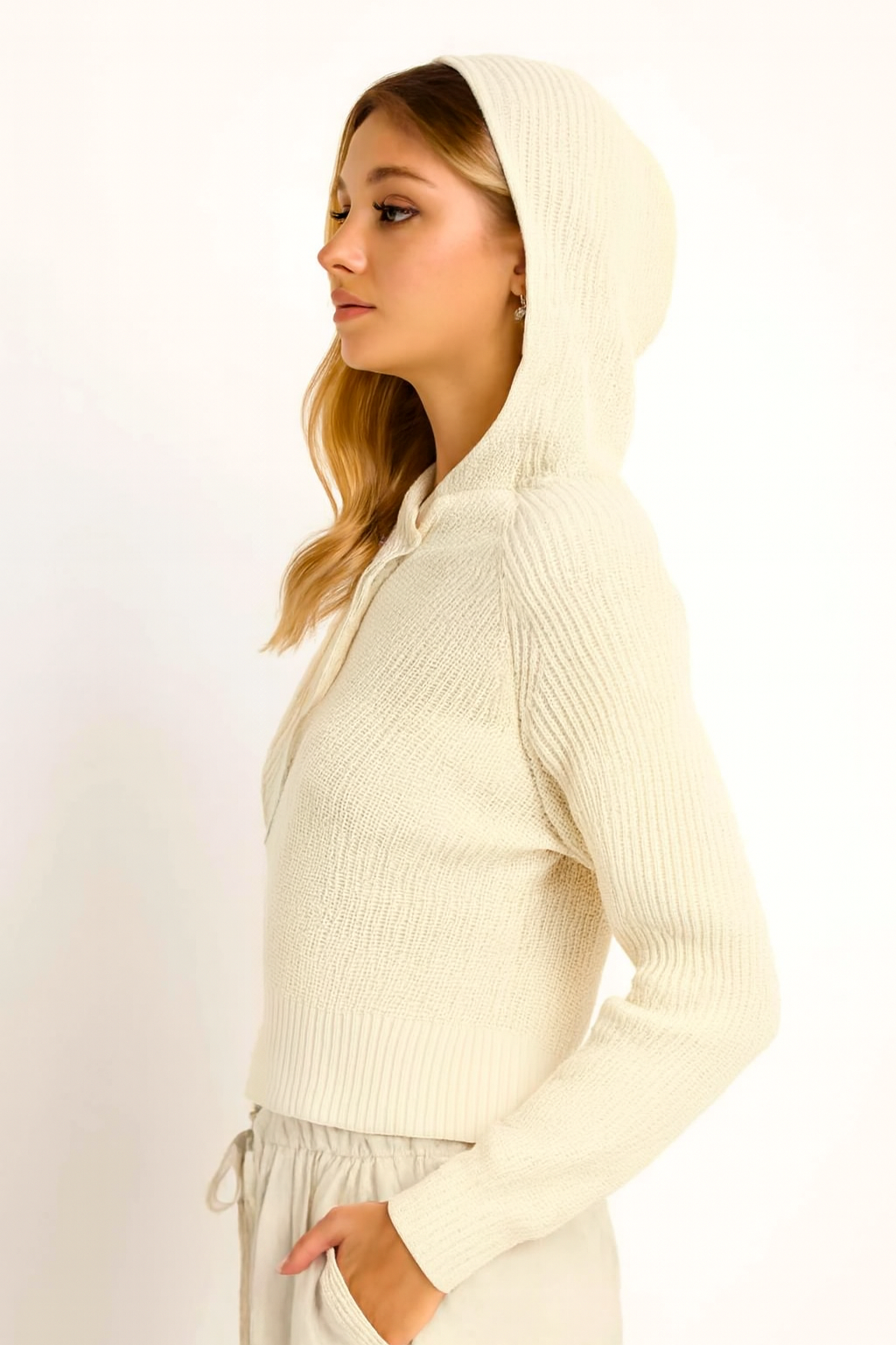Women Cream Hooded Sweater