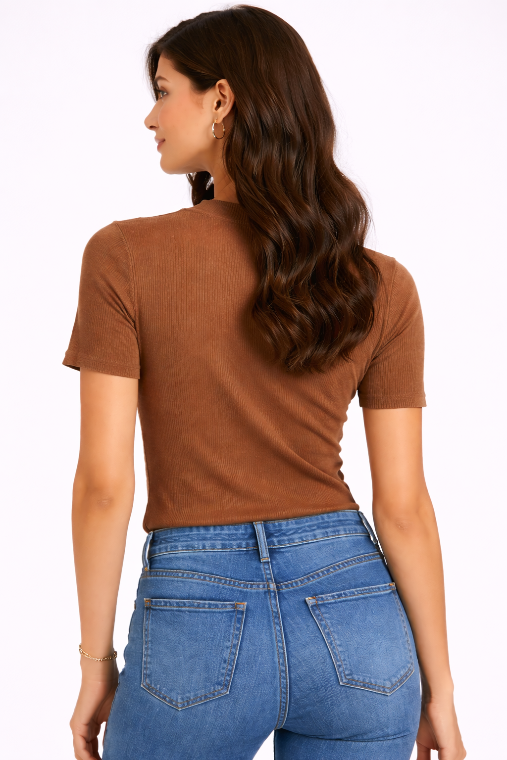 Women Brown Ribbed Cotton Stretch Top